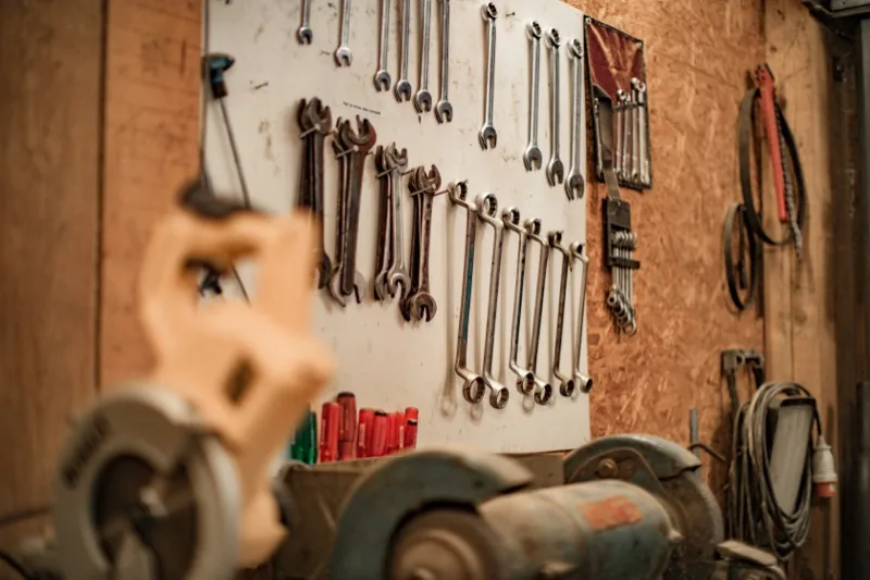 Wall of spanners and hand tools in the Weston Motors workshop